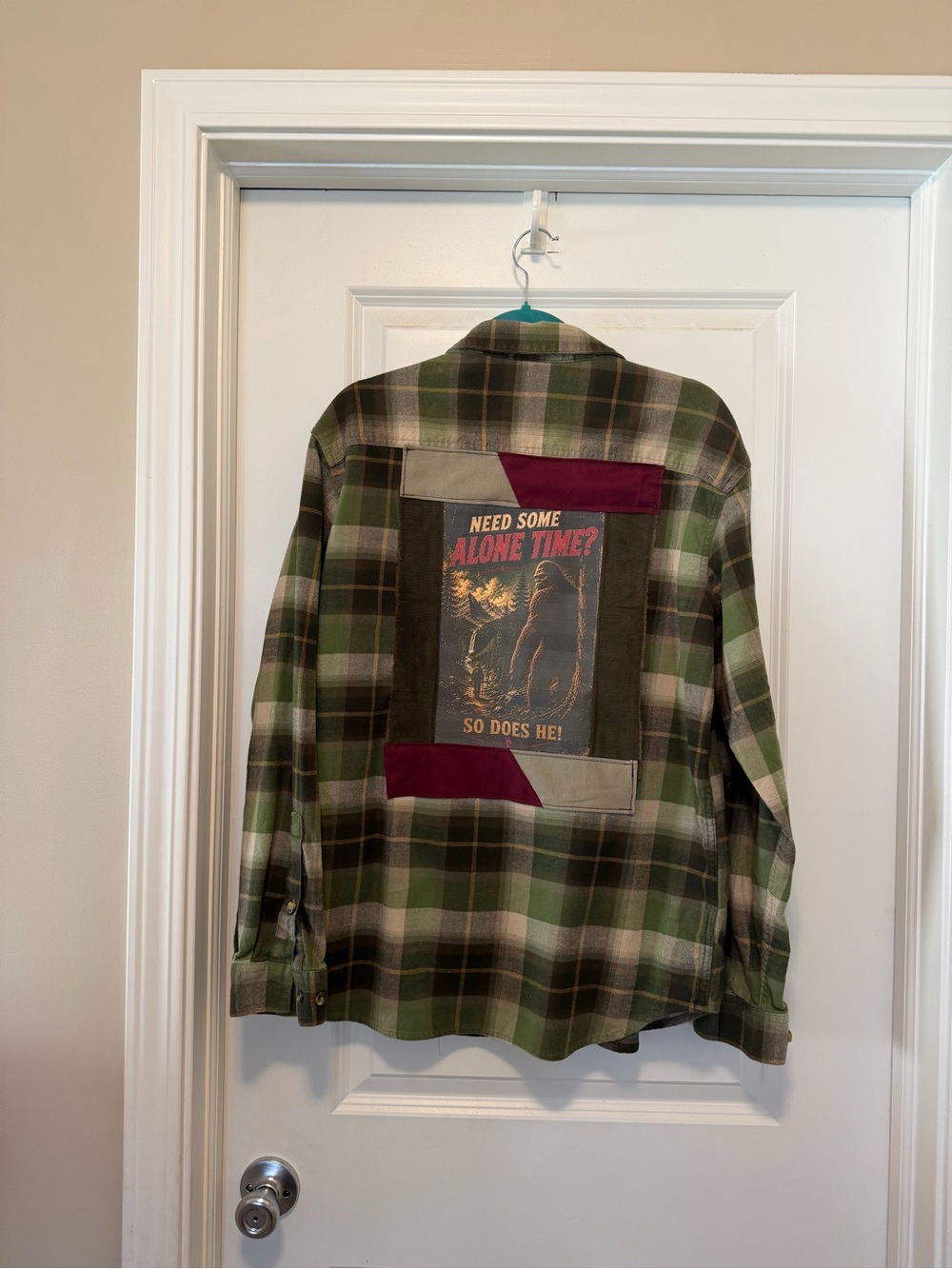 Upcycled Columbia Green Plaid Men's Button-Down Shirt with Bigfoot Graphic